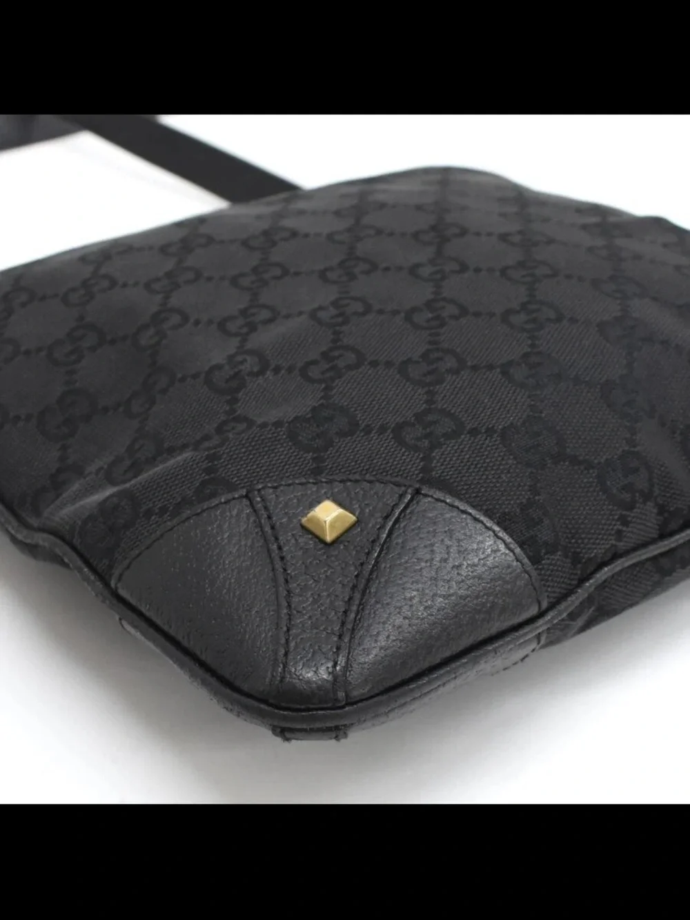 Gucci Black GG Canvas Messenger Bag with Gold Stud Accents